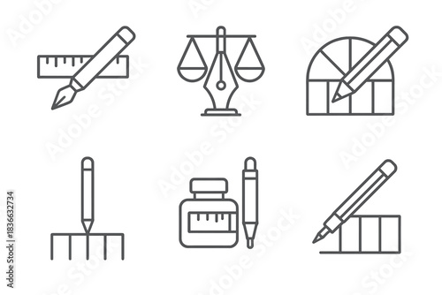 Precision Measurement Tools. Icons for: a ruler-pen outlining equal sections, a scale-nib calculating writing ratios, a