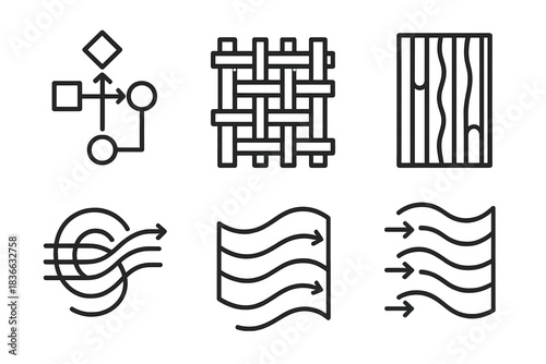 Geometric Textile Flow. Icons for: geometric textile flow diagrams, abstract woven gate structures, linear mesh barriers,