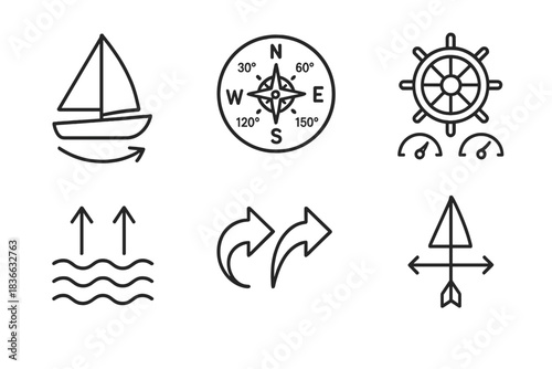 Nautical Instrument Icons. Icons for: sailing evaluation direction, compass rose with measured angles, helm adjustment dials, wind