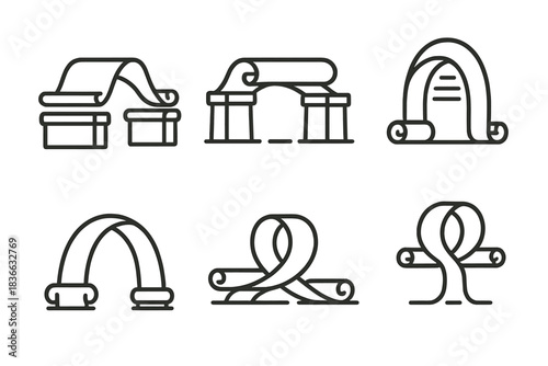 Scroll-Inspired Icons. Icons for: scroll overpass containers, rolled parchment bridges, unfurling script spans, ancient scroll