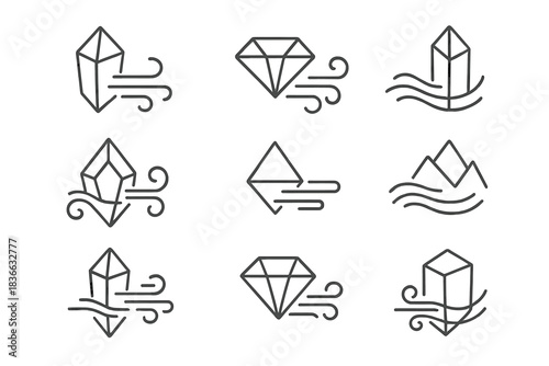 Abstract Wind Icons. Icons for: abstract crystal wind icons, minimal gem-air symbols, linear summit breeze diagrams, geometric