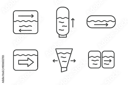 Flow Tank Icons. Icons for: guided flow tanks, oriented water chambers, streamlined liquid containers, directional reservoir units