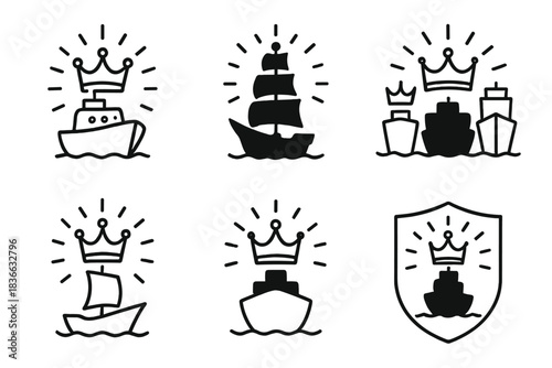 Radiant Ship Emblems. Icons for: radiant crowned ship emblems, glowing vessel silhouettes, shining royal fleet icons, luminous