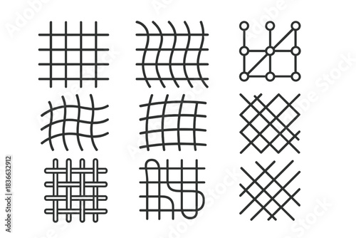 Geometric Travel Patterns. Line vector icons of grid-like wandering textiles: structured travel patterns, geometric journey nets,