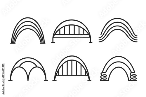 Elastic Motion Bridge. Line vector icons of an elastic motion bridge: stretched energy arches, flexible connection spans, tensile