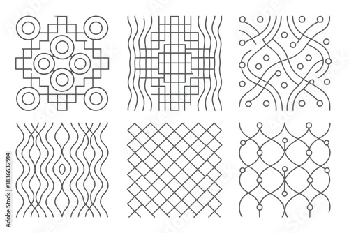 Humming Mosaic Patterns. Line vector icons of humming mosaic designs: resonant pattern pieces, tonal fragment grids, rhythmic