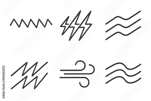Windy Line Patterns. Line vector icons of windy zigzag zones: sharp oscillating lines, gusty lightning shapes, rhythmic air slants