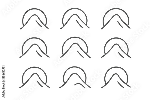 Graceful Peaks Icons. Line vector icons of a soft pinnacle with embracing arcs: tender mountain crowns, rounded top curves,