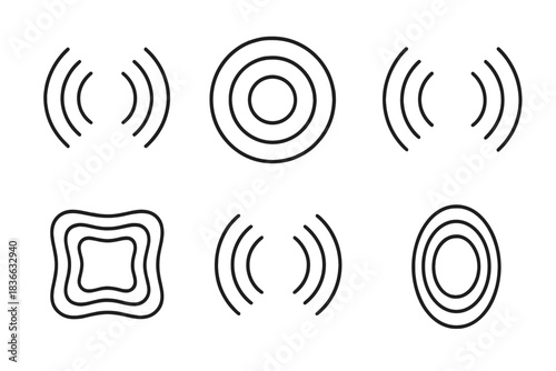 Radiant Echo Outlines. Line vector icons of radiant echo outlines: luminous vibration paths, glowing contour rings, soft repeating