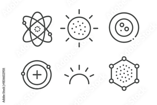 Particle Energy Icons. Line vector icons of a particle-based intuition in a cavity: dotted atomic loops, granular energy symbols,
