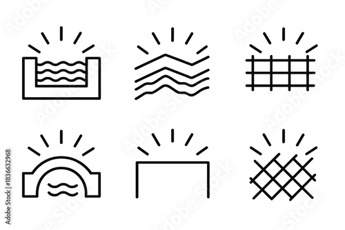 Radiant Protective Channels. Line vector icons of bright protective channels: radiant ditch outlines, glowing water lines,