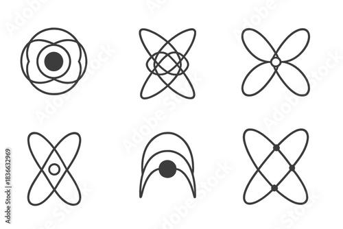 Interlaced Energy Nodes. Line vector icons of interlaced energy centers: glowing node rings, rhythmic web cores, intertwined