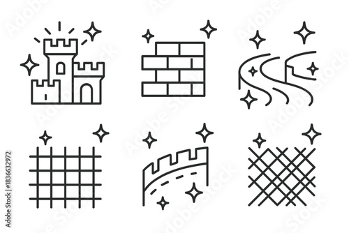 Glittering Defensive Icons. Line vector icons of a glittering defensive design: radiant fortress lines, glowing wall outlines,