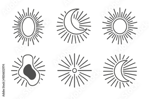 Radiant Cosmic Hollows. Line vector icons of radiant spatial hollows: luminous cosmic dips, glowing carved arcs, balanced nebular