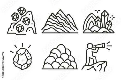 Gem-Strewn Rocky Vistas. Line vector icons of a rocky viewpoint with valuable elements: gem-spotted cliffs, mineral-rich ridges,