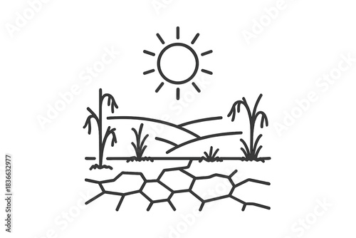 Parched Grassland Lines. Line vector icons of a parched grassland structure: brittle stem supports, dry field columns, cracked