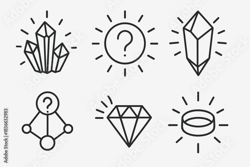 Radiant Mineral Icons. Line vector icons of radiant mineral curiosities: glowing quartz outlines, luminous inquiry shapes,