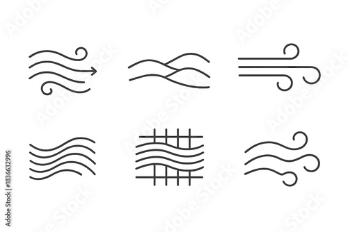 Harmonic Wind Patterns. Line vector icons of harmonic wind ledges: oscillating airflow outlines, soft sand arcs, rhythmic breeze