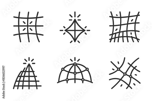 Glowing Grid Patterns. Line vector icons of radiant guiding meshes: glowing grid patterns, luminous path structures, bright