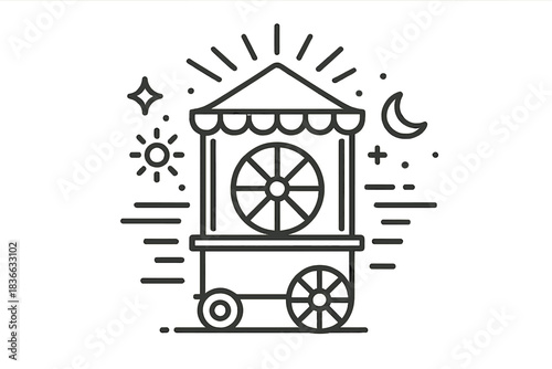 Fortune Telling Booth. Line style icons of a moving booth of destiny: compact structure on rolling base, glowing symbols around