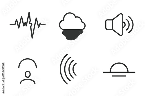 Dark Sound Icons. Line style icons of dark ultimatum sound: broken waveform, shadow outline, voice symbol, final tone mark, echo