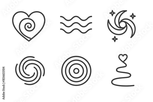 Sacred Whirl Icons. Line style icons of sacred whirl devotion: heart vortex, energy waves, rhythmic motion, luminous flow, pure