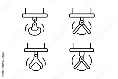 Hovering Hinge Icons. Line style icons of hovering hinge system: suspended mechanism, pivot form, delicate lines, air tension,