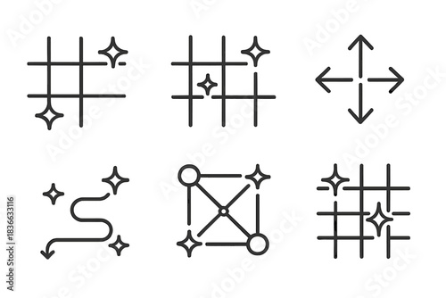 Luminous Grid Network. Line style icons of gleaming grid: structured layout, shining intersections, directional arrows, luminous
