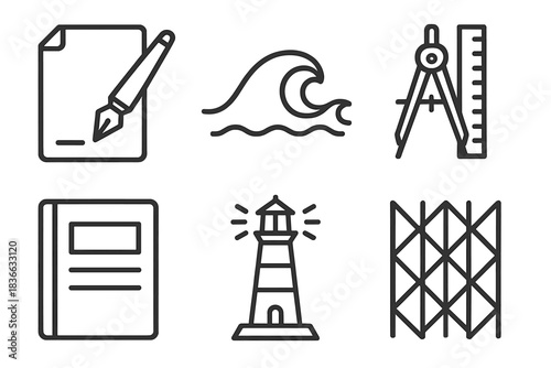 Nautical Writing Icons. Line style icons of nautical writing study: pen and paper, sea wave motif, ruler compass, journal page,