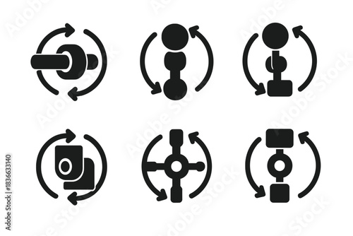 Rotational Hub Icons. Solid style icons of rotational hub systems: spinning axle, turning joint, swivel connector, revolving hinge