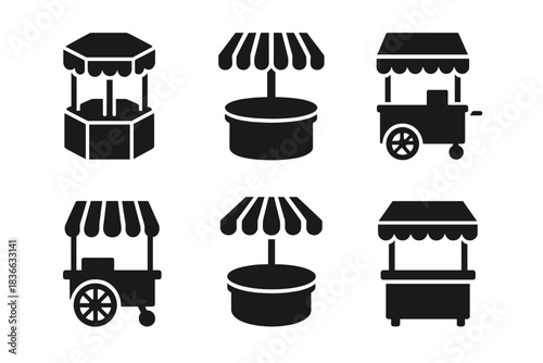 Rotating Market Stalls. Solid style icons of destiny market stalls: revolving booth, spinning stand, shifting kiosk, animated