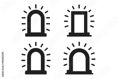 Luminous Understanding Icons. Solid style icons of luminous understanding gates: glowing portal, radiant doorway, illuminated arch