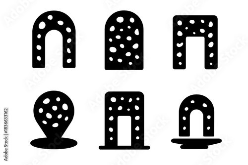 Solid Passage Icons. Solid style icons of gentle passage structures: soft-spotted doorway, mottled portal, dappled entrance,