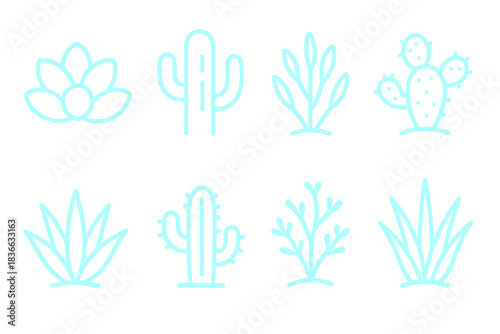 Neon Desert Flora. Solid style icons of neon arid vegetation: glowing succulents, luminous cacti, radiant desert shrubs,