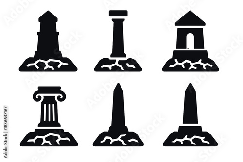 Arid Monuments Icons. Solid style icons of barren field monuments: dry tower, arid pillar, parched structure, desiccated monument,