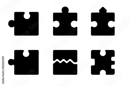 Cryptic Connectors Icons. Solid style icons of cryptic connectors: puzzling edge fastener, enigmatic ridge connector, mysterious