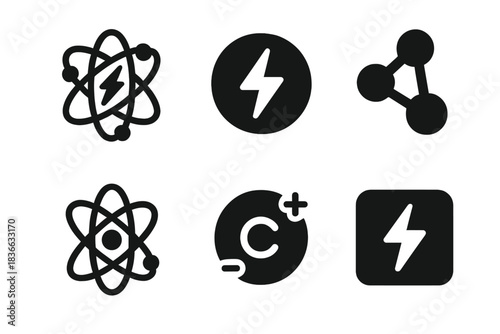 Atomic Symbol Icons. Solid style icons of subtle atomic cues: electrified hint, charged notion, particle suggestion, ionic clue,