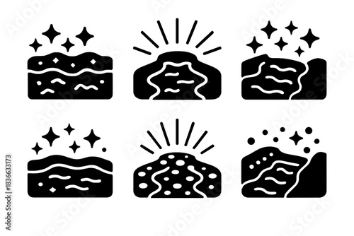 Luminous Trench Icons. Solid style icons of artistic luminous trenches: glittering ditch, radiant moat, gleaming trench,