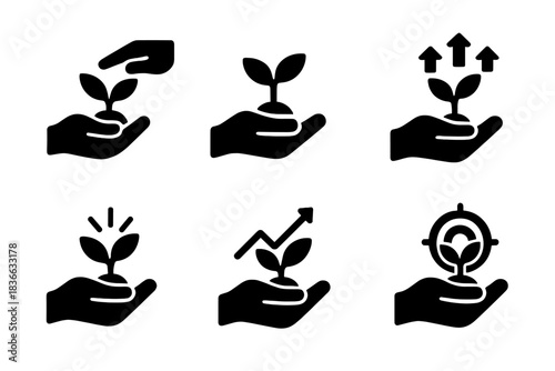 Nurturing Growth Icons. Solid style icons of nurturing central growth: gently pushing growth, nurturing development, encouraging