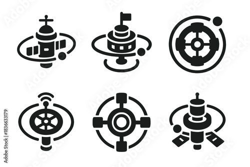 Cosmic Surveillance Icons. Solid style icons of cosmic surveillance networks: rotating outposts, orbiting bases, circling stations