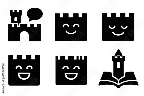 Emotional Storytelling Fortresses. Solid style icons of emotional storytelling defenses: fortress of narration, joyful rampart,