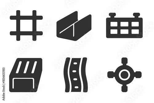 Precision Framework Icons. Solid style icons of precision framework channels: lattice channel, framework groove, grid conduit,