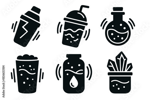 Geological Beverage Icons. Solid style icons of geological beverages: shaking drink, trembling beverage, quaking potion, vibrating