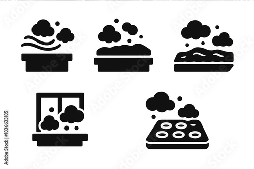 Dusty Option Icons. Solid style icons of dusty option hubs: windy sill, sandy ledge, hot desert shelf, dusty platform, arid