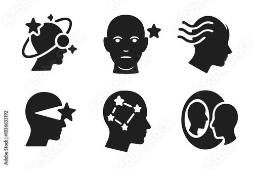 Interstellar Cognition Icons. Solid style icons of interstellar perception: mind orbiting stars, awareness in vacuum, cognition