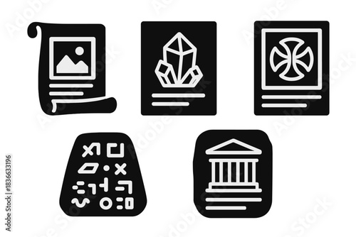 Symbolic Archives Icons. Solid style icons of symbolic archives: historical manuscript photo, mineral diagram sheet, sacred