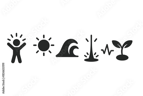 Generational Energy Icons. Solid style icons of generational energy: radiant youth spark, glowing renewal orb, emerging vitality