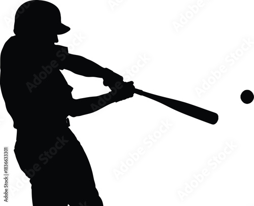 Silhouette of a baseball player swinging a bat to hit a ball