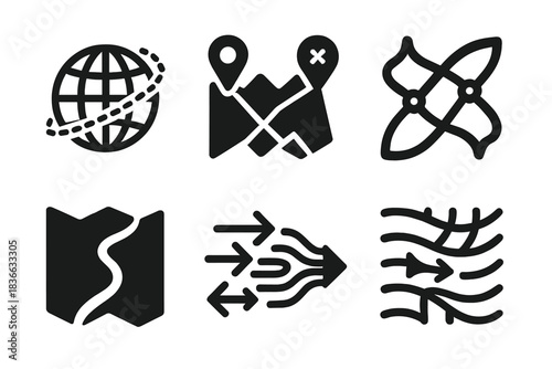 Abstract Travel Icons. Solid style icons of abstract travel: patterned path mesh, geometric route cross, rhythmic line network,