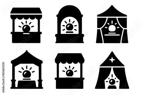 Mystical Commerce Icons. Solid style icons of mystical commerce: glowing fortune stall, radiant karma kiosk, shimmering fate booth